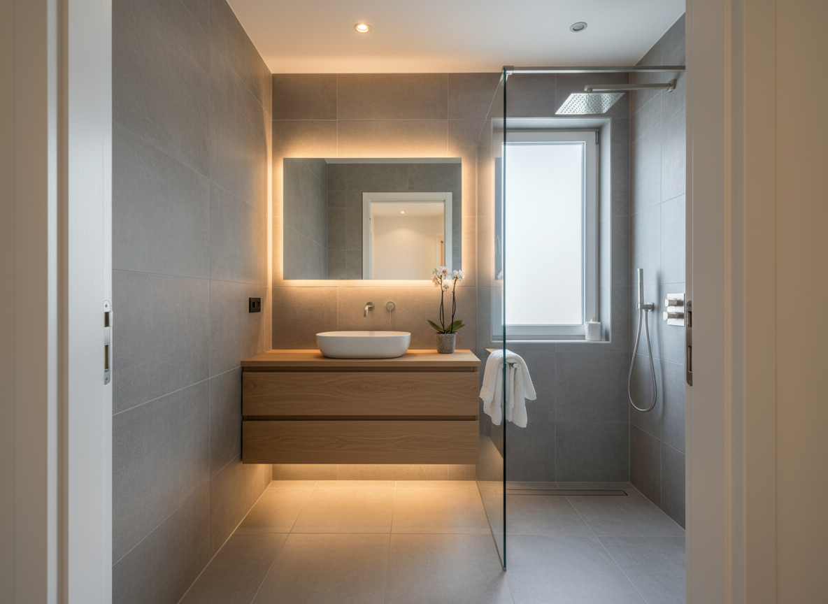 After: Modern spa-like bathroom with new fixtures