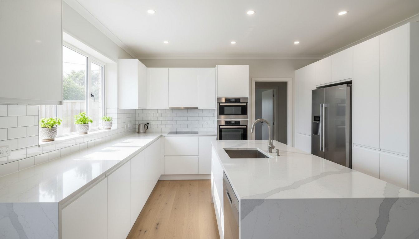After: Modern bright kitchen with white cabinets