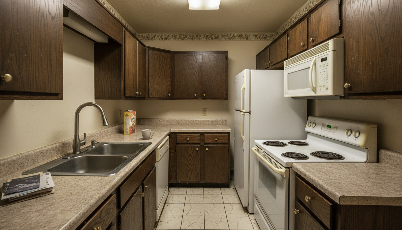 Before: Outdated dark kitchen with old cabinets